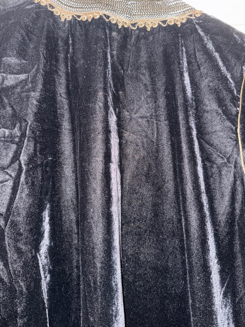 Black Velvet Long Coat with Ornate Gold-Tone Trim - Picture 15 of 16